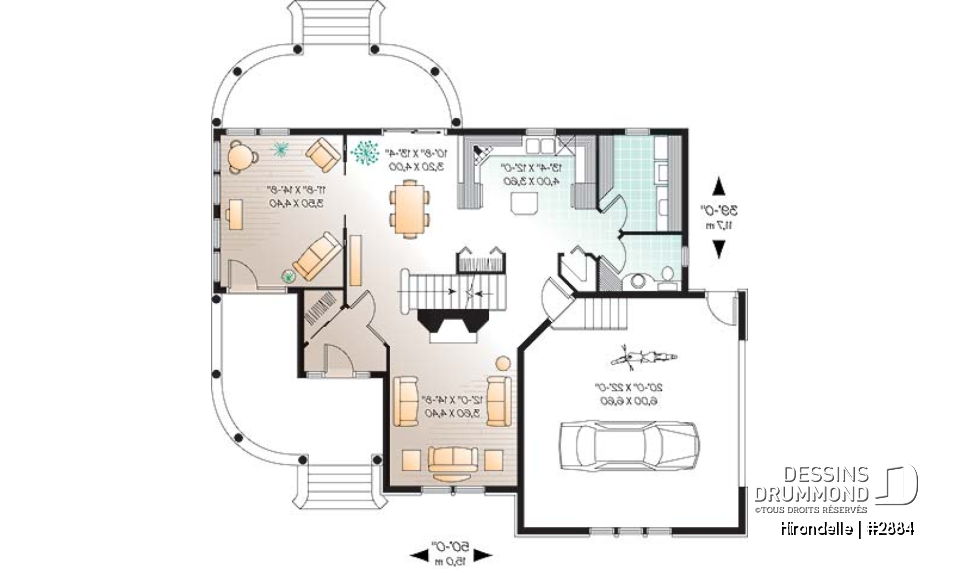 Rez-de-chaussée - Plan de maison 4 chambres, 2.5 salles de bain, garage double de côté, solarium, foyer - Hirondelle