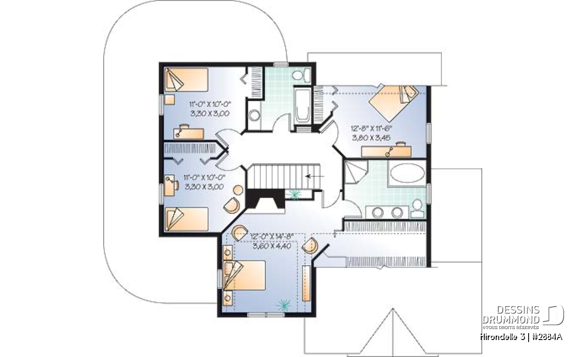 Étage - Plan de maison farmhouse américaine, 4 chambres, garage double, suite maîtres, solarium, plafond 9' - Hirondelle 3