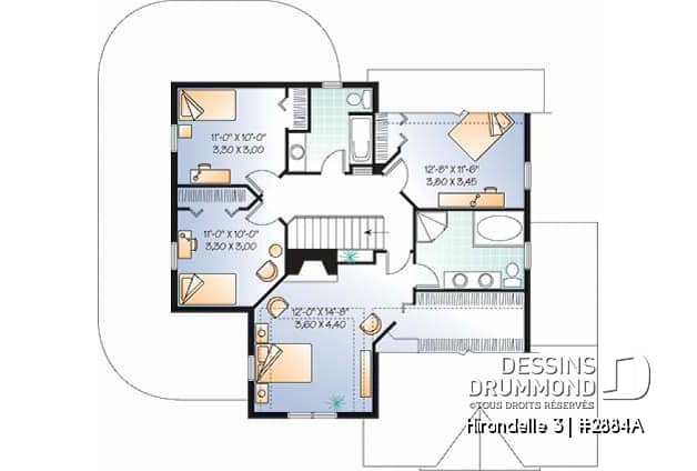Étage - Plan de maison farmhouse américaine, 4 chambres, garage double, suite maîtres, solarium, plafond 9' - Hirondelle 3