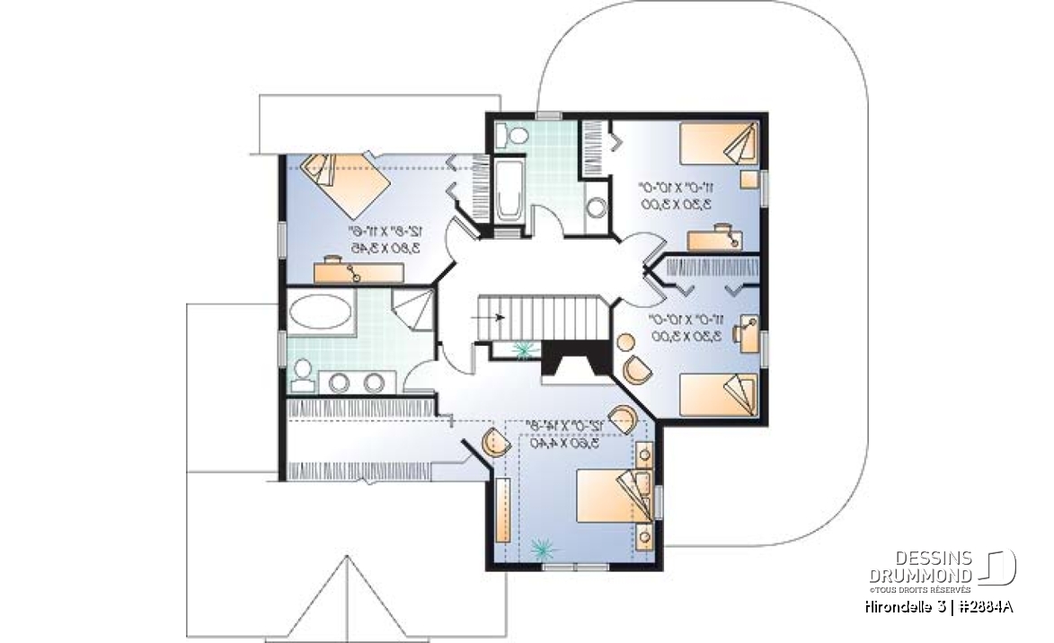 Étage - Plan de maison farmhouse américaine, 4 chambres, garage double, suite maîtres, solarium, plafond 9' - Hirondelle 3