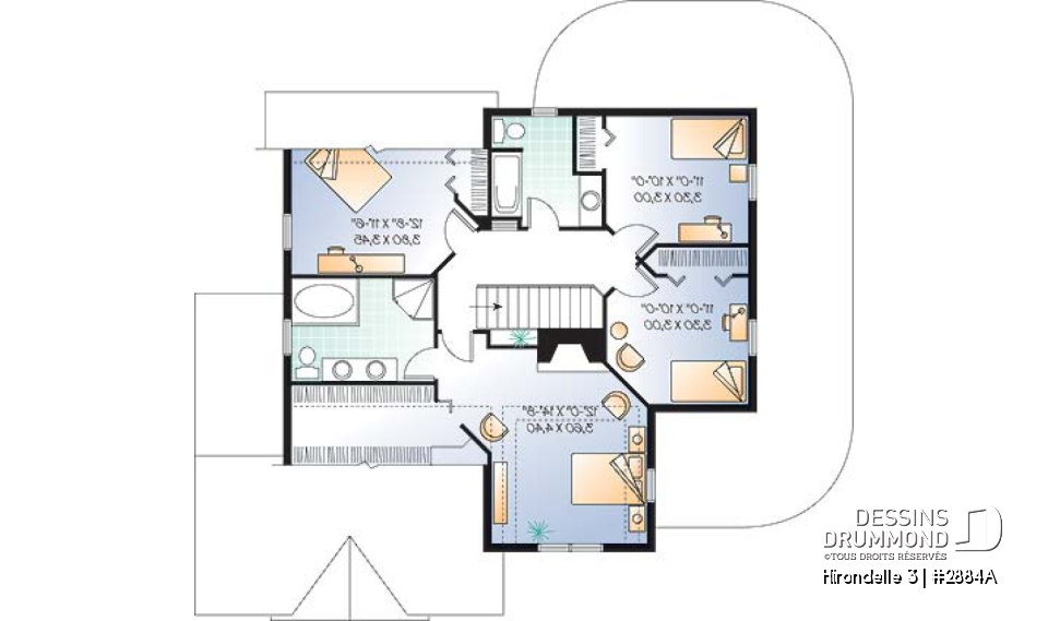 Étage - Plan de maison farmhouse américaine, 4 chambres, garage double, suite maîtres, solarium, plafond 9' - Hirondelle 3