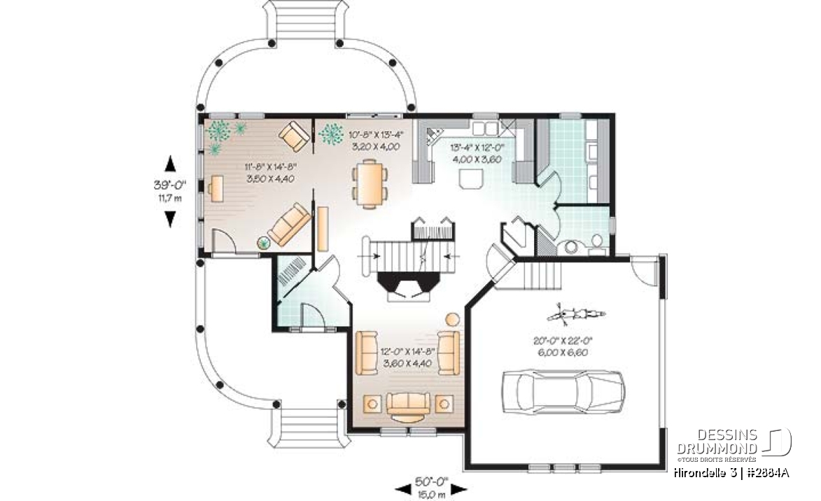 Rez-de-chaussée - Plan de maison farmhouse américaine, 4 chambres, garage double, suite maîtres, solarium, plafond 9' - Hirondelle 3
