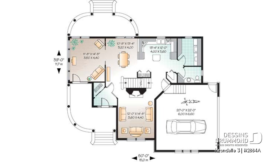 Rez-de-chaussée - Plan de maison farmhouse américaine, 4 chambres, garage double, suite maîtres, solarium, plafond 9' - Hirondelle 3