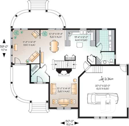 Rez-de-chaussée - Plan de maison farmhouse américaine, 4 chambres, garage double, suite maîtres, solarium, plafond 9' - Hirondelle 3