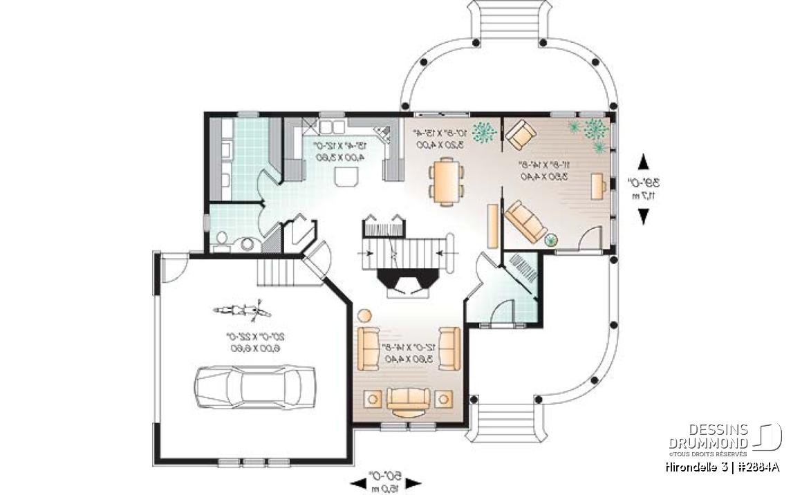 Rez-de-chaussée - Plan de maison farmhouse américaine, 4 chambres, garage double, suite maîtres, solarium, plafond 9' - Hirondelle 3
