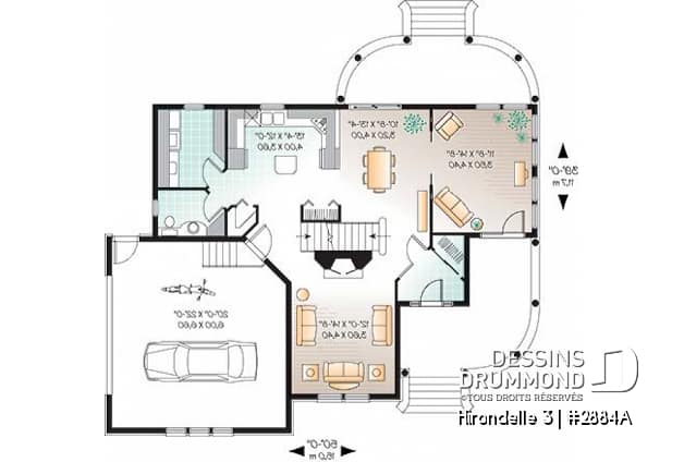 Rez-de-chaussée - Plan de maison farmhouse américaine, 4 chambres, garage double, suite maîtres, solarium, plafond 9' - Hirondelle 3