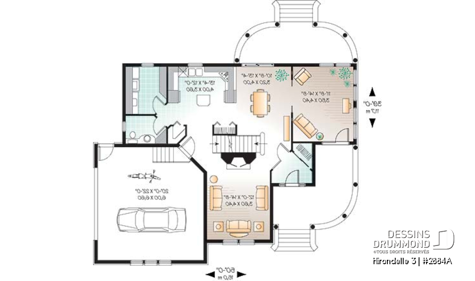Rez-de-chaussée - Plan de maison farmhouse américaine, 4 chambres, garage double, suite maîtres, solarium, plafond 9' - Hirondelle 3