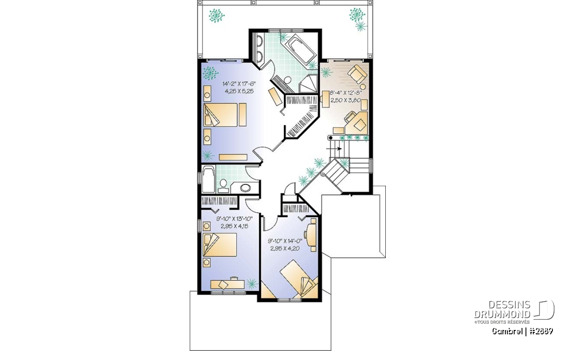 Étage - Plan de grande maison terrain étroit avec garage double, 3-4 chambres, coin lecture &amp; ordi au deuxième chambre - Gambrel