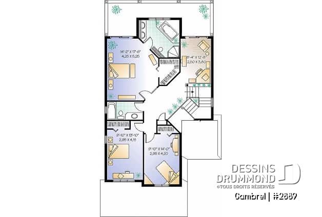 Étage - Plan de grande maison terrain étroit avec garage double, 3-4 chambres, coin lecture & ordi au deuxième chambre - Gambrel