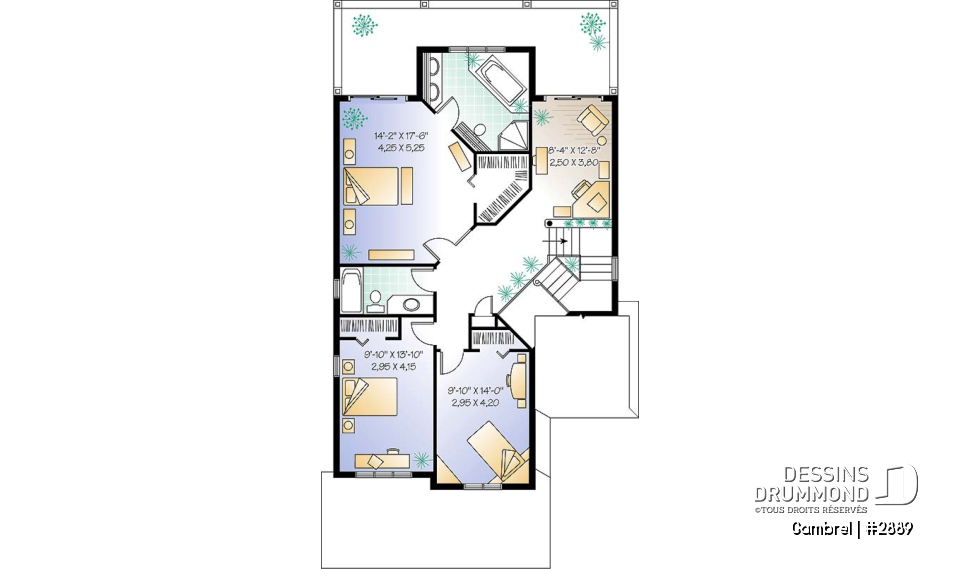 Étage - Plan de grande maison terrain étroit avec garage double, 3-4 chambres, coin lecture &amp; ordi au deuxième chambre - Gambrel