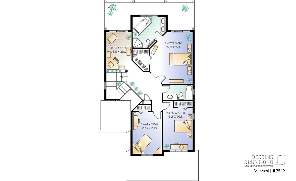 Étage - Plan de grande maison terrain étroit avec garage double, 3-4 chambres, coin lecture &amp; ordi au deuxième chambre - Gambrel