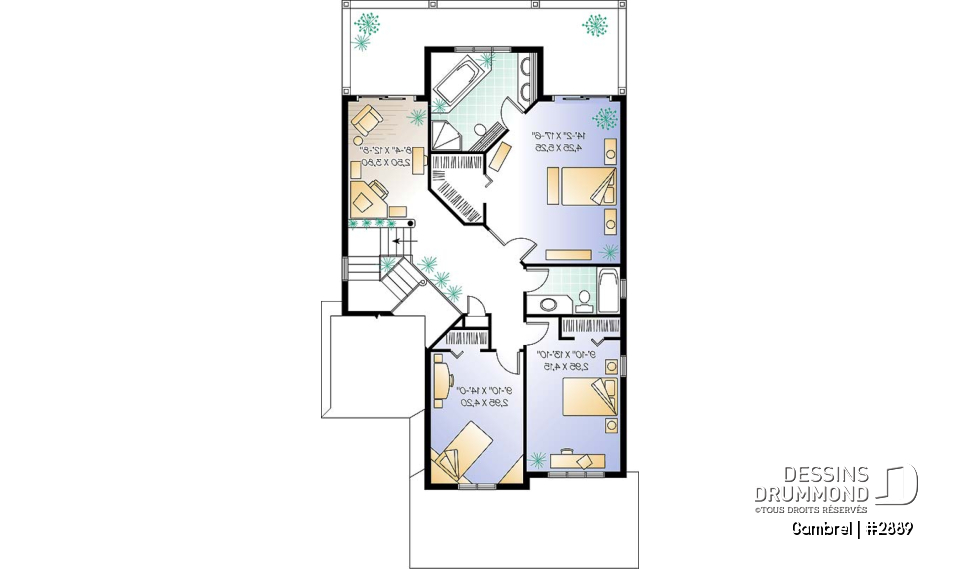 Étage - Plan de grande maison terrain étroit avec garage double, 3-4 chambres, coin lecture &amp; ordi au deuxième chambre - Gambrel