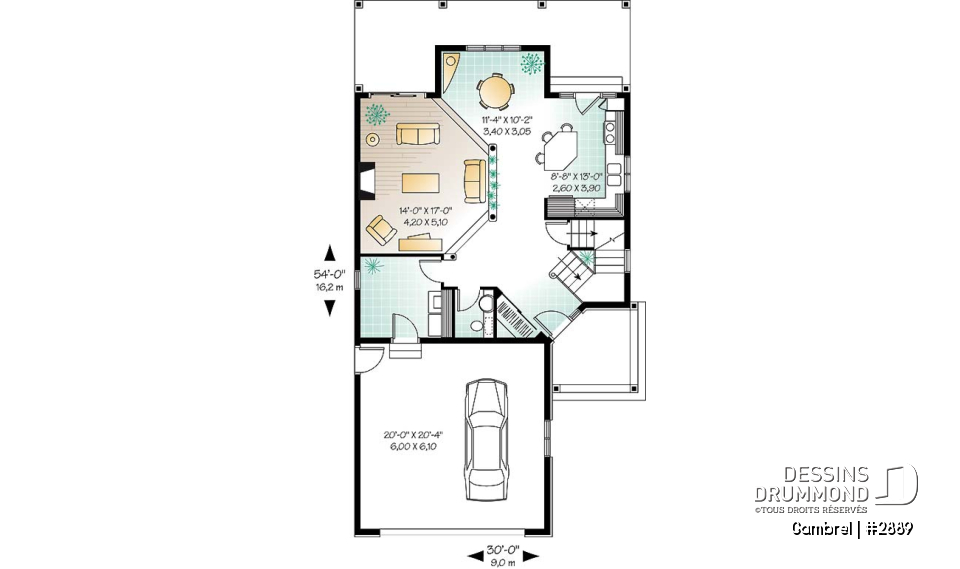 Rez-de-chaussée - Plan de grande maison terrain étroit avec garage double, 3-4 chambres, coin lecture &amp; ordi au deuxième chambre - Gambrel