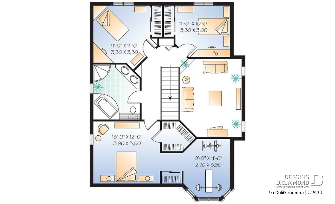 Étage - Plan de maison avec petit gym prévu à l'étage, 3 chambres, plafond cathédral, garage - La Californienne