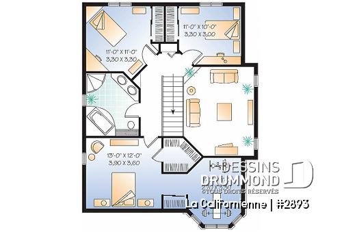 Étage - Plan de maison avec petit gym prévu à l'étage, 3 chambres, plafond cathédral, garage - La Californienne