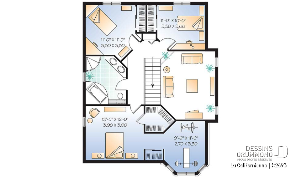 Étage - Plan de maison avec petit gym prévu à l'étage, 3 chambres, plafond cathédral, garage - La Californienne