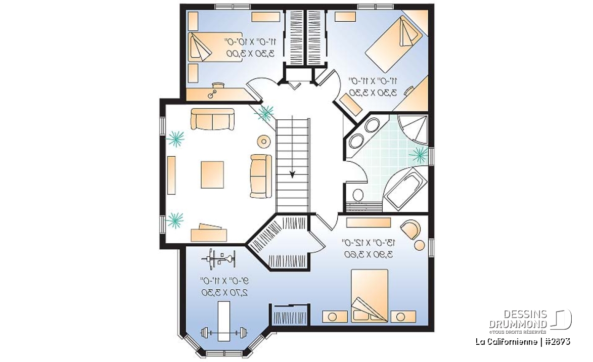 Étage - Plan de maison avec petit gym prévu à l'étage, 3 chambres, plafond cathédral, garage - La Californienne