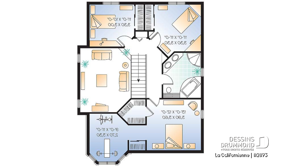 Étage - Plan de maison avec petit gym prévu à l'étage, 3 chambres, plafond cathédral, garage - La Californienne