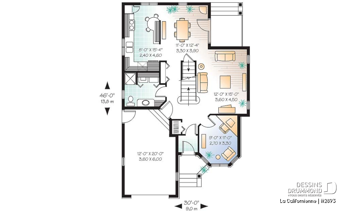 Rez-de-chaussée - Plan de maison avec petit gym prévu à l'étage, 3 chambres, plafond cathédral, garage - La Californienne