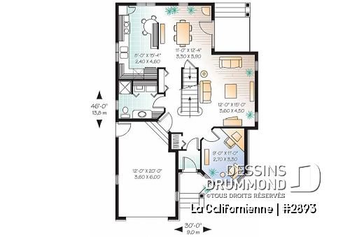 Rez-de-chaussée - Plan de maison avec petit gym prévu à l'étage, 3 chambres, plafond cathédral, garage - La Californienne