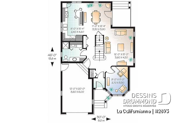 Rez-de-chaussée - Plan de maison avec petit gym prévu à l'étage, 3 chambres, plafond cathédral, garage - La Californienne