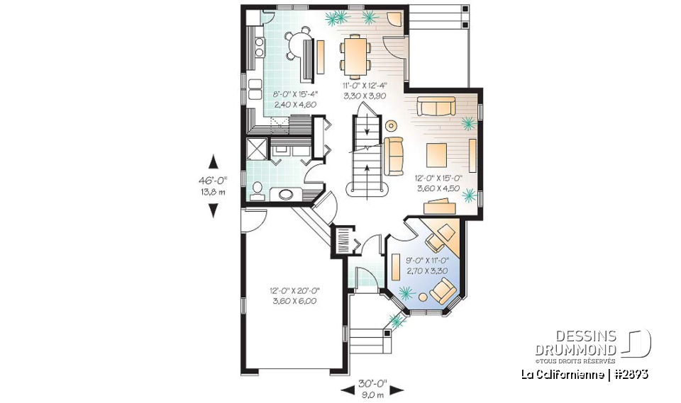 Rez-de-chaussée - Plan de maison avec petit gym prévu à l'étage, 3 chambres, plafond cathédral, garage - La Californienne