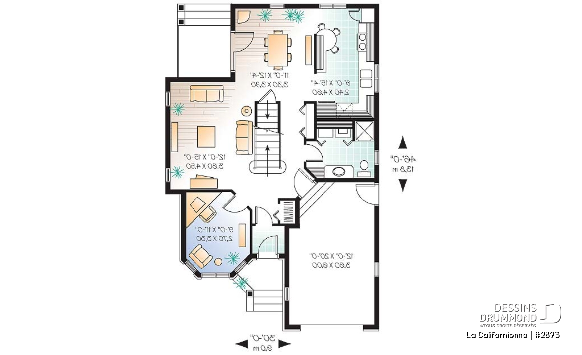Rez-de-chaussée - Plan de maison avec petit gym prévu à l'étage, 3 chambres, plafond cathédral, garage - La Californienne
