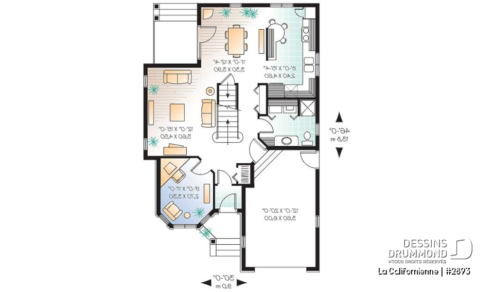 Rez-de-chaussée - Plan de maison avec petit gym prévu à l'étage, 3 chambres, plafond cathédral, garage - La Californienne