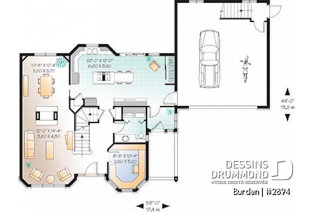 Rez-de-chaussée - Plan de maison avec suite des maîtres, 2 chambres supppl. bureau à domicile, garage double, et rangement - Burden