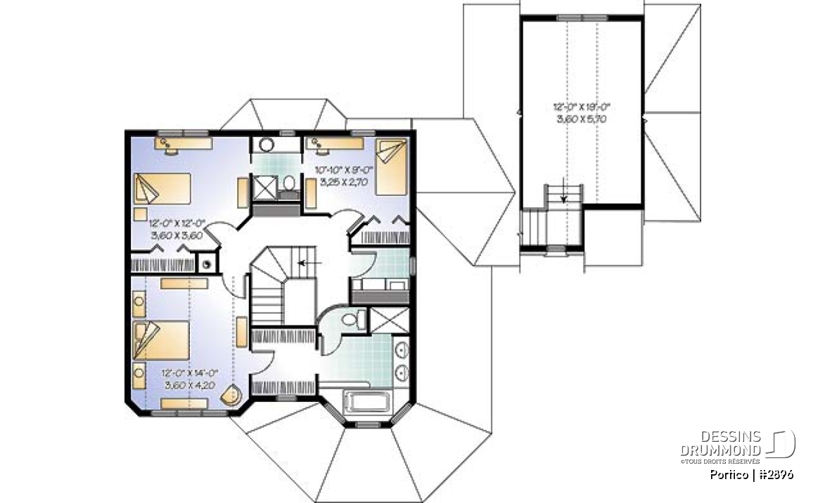 Étage - Plan de maison 3 chambres, bureau, garage double, plafond 9' au rdc., grand espace boni, foyer deux faces - Portico