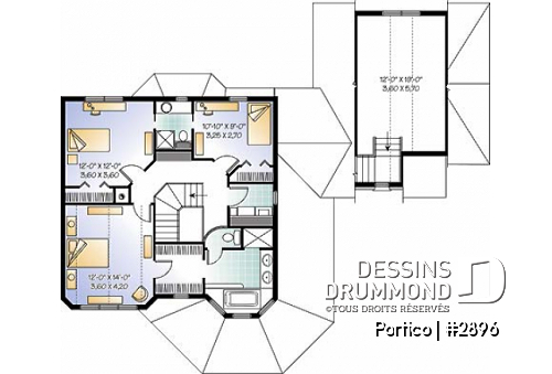 Étage - Plan de maison 3 chambres, bureau, garage double, plafond 9' au rdc., grand espace boni, foyer deux faces - Portico