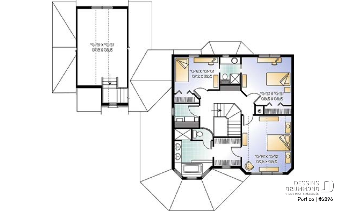 Étage - Plan de maison 3 chambres, bureau, garage double, plafond 9' au rdc., grand espace boni, foyer deux faces - Portico