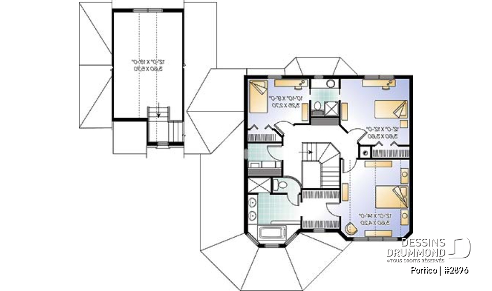 Étage - Plan de maison 3 chambres, bureau, garage double, plafond 9' au rdc., grand espace boni, foyer deux faces - Portico