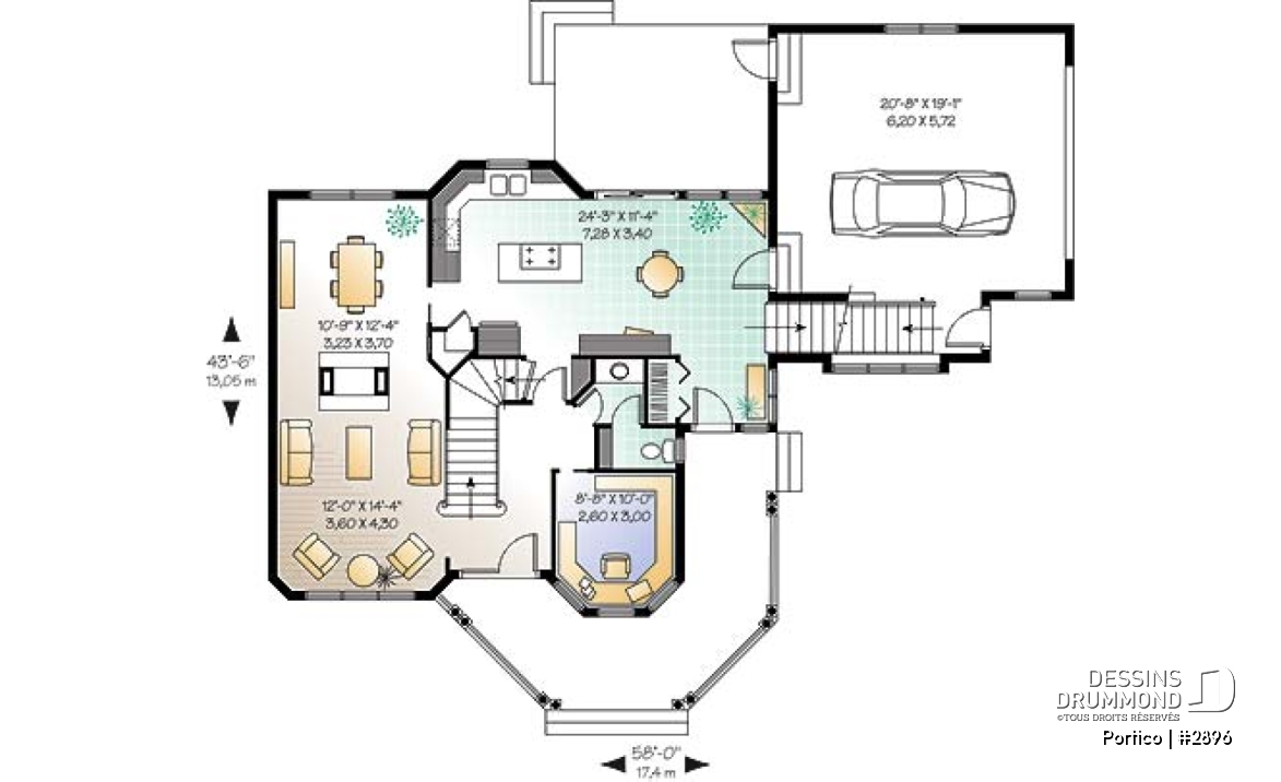 Rez-de-chaussée - Plan de maison 3 chambres, bureau, garage double, plafond 9' au rdc., grand espace boni, foyer deux faces - Portico
