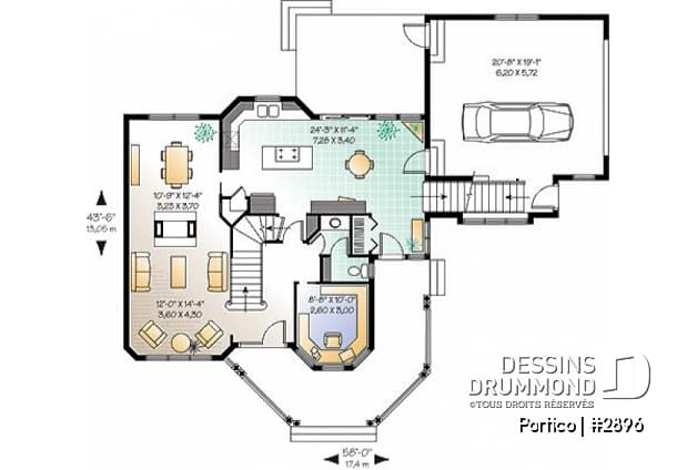 Rez-de-chaussée - Plan de maison 3 chambres, bureau, garage double, plafond 9' au rdc., grand espace boni, foyer deux faces - Portico