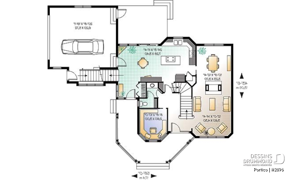 Rez-de-chaussée - Plan de maison 3 chambres, bureau, garage double, plafond 9' au rdc., grand espace boni, foyer deux faces - Portico