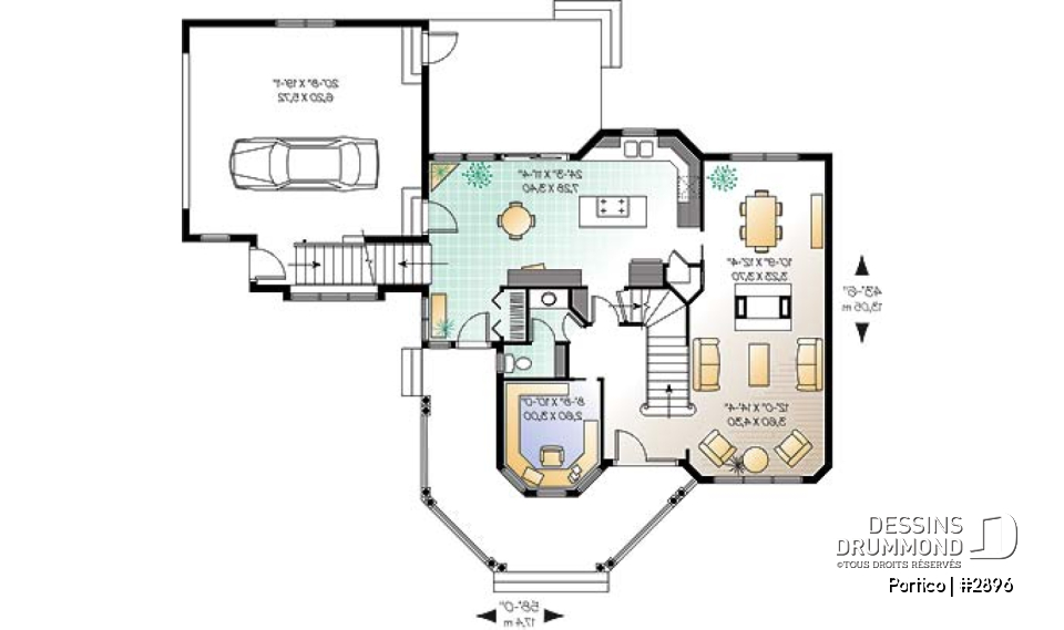 Rez-de-chaussée - Plan de maison 3 chambres, bureau, garage double, plafond 9' au rdc., grand espace boni, foyer deux faces - Portico