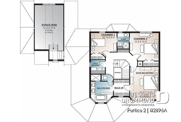 Étage - Plan de maison 3 chambres, garage double, grande cuisine, bureau, foyer double face, espace bonus - Portico 2