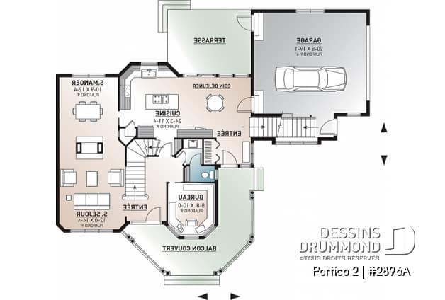 Rez-de-chaussée - Plan de maison 3 chambres, garage double, grande cuisine, bureau, foyer double face, espace bonus - Portico 2