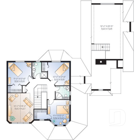 Étage - Plan de maison avec 4 à 5 chambres, 3.5 salles de bain, garage double, chambre maître au rez-de-chaussée - Portico 3
