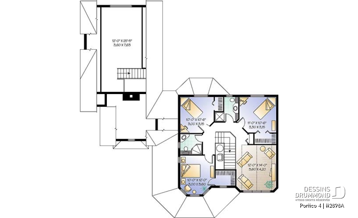 Étage - Plan de cottage Victorien, salle à manger avec coin détente, îlot cuisine, 4 à 5 chambres, plafond cathédrale - Portico 4