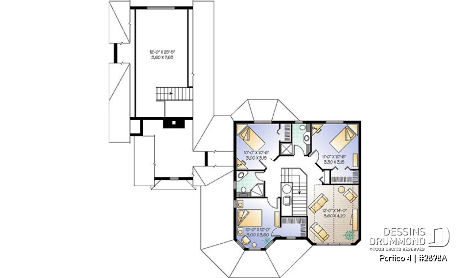 Étage - Plan de cottage Victorien, salle à manger avec coin détente, îlot cuisine, 4 à 5 chambres, plafond cathédrale - Portico 4