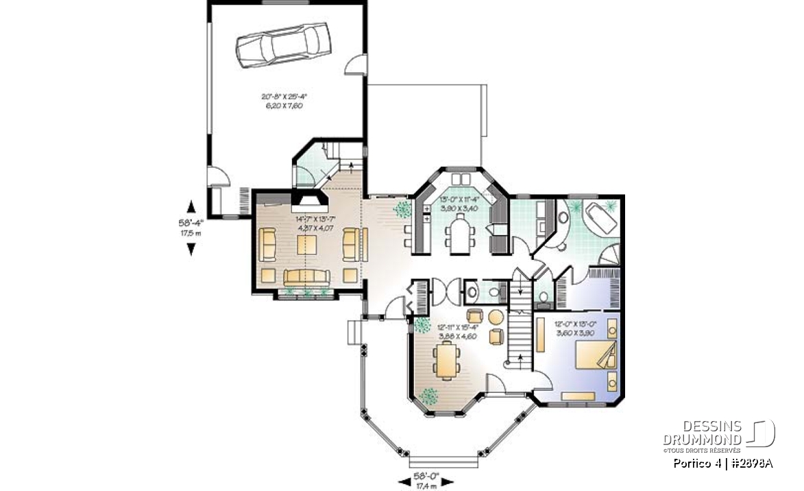 Rez-de-chaussée - Plan de cottage Victorien, salle à manger avec coin détente, îlot cuisine, 4 à 5 chambres, plafond cathédrale - Portico 4