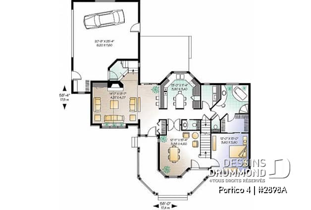 Rez-de-chaussée - Plan de cottage Victorien, salle à manger avec coin détente, îlot cuisine, 4 à 5 chambres, plafond cathédrale - Portico 4