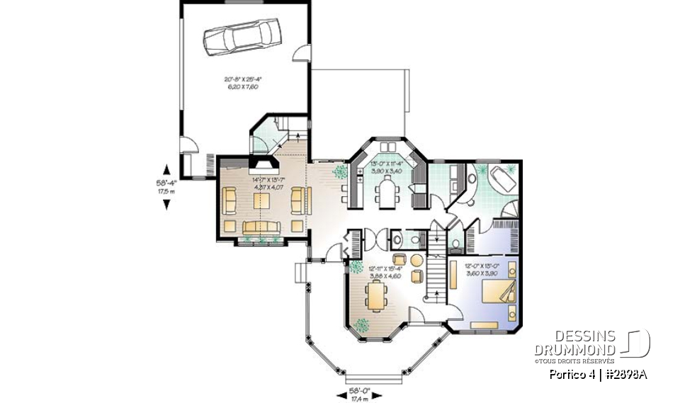 Rez-de-chaussée - Plan de cottage Victorien, salle à manger avec coin détente, îlot cuisine, 4 à 5 chambres, plafond cathédrale - Portico 4