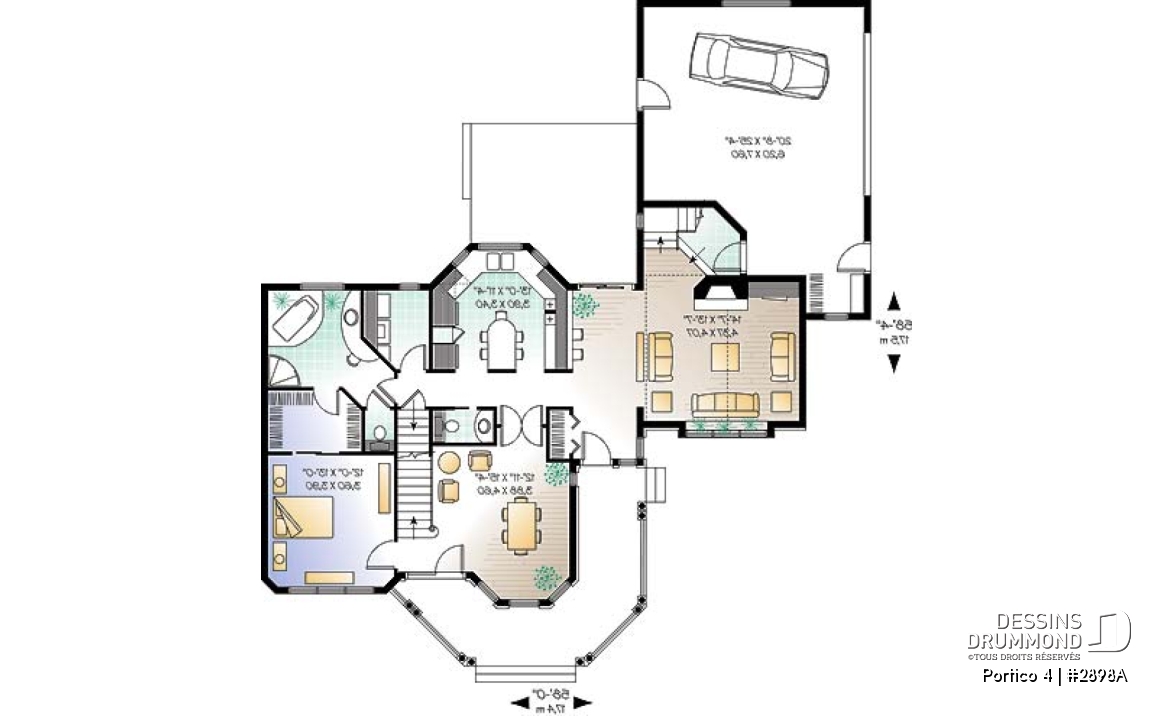 Rez-de-chaussée - Plan de cottage Victorien, salle à manger avec coin détente, îlot cuisine, 4 à 5 chambres, plafond cathédrale - Portico 4