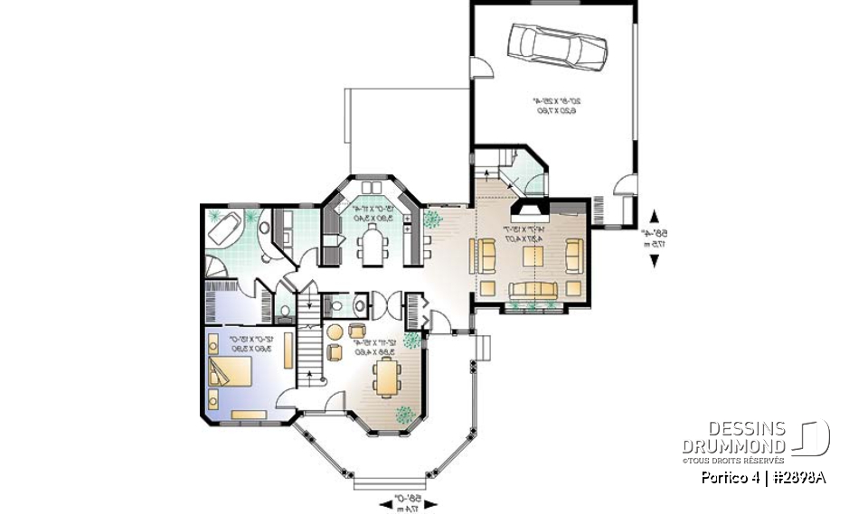 Rez-de-chaussée - Plan de cottage Victorien, salle à manger avec coin détente, îlot cuisine, 4 à 5 chambres, plafond cathédrale - Portico 4