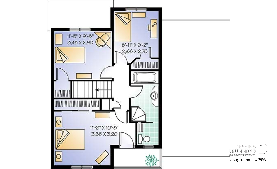 Étage - Plan de maison à étage avec garage pour terrain étroit, 3 chambres, balcon privé à la chambre principale - Maupassant