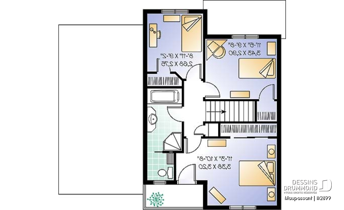 Étage - Plan de maison à étage avec garage pour terrain étroit, 3 chambres, balcon privé à la chambre principale - Maupassant