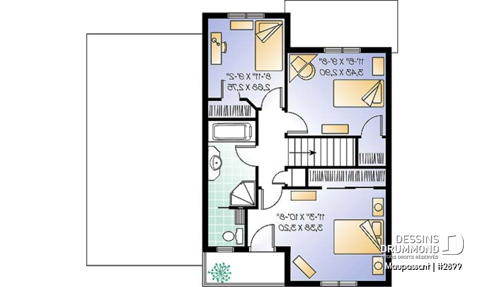 Étage - Plan de maison à étage avec garage pour terrain étroit, 3 chambres, balcon privé à la chambre principale - Maupassant